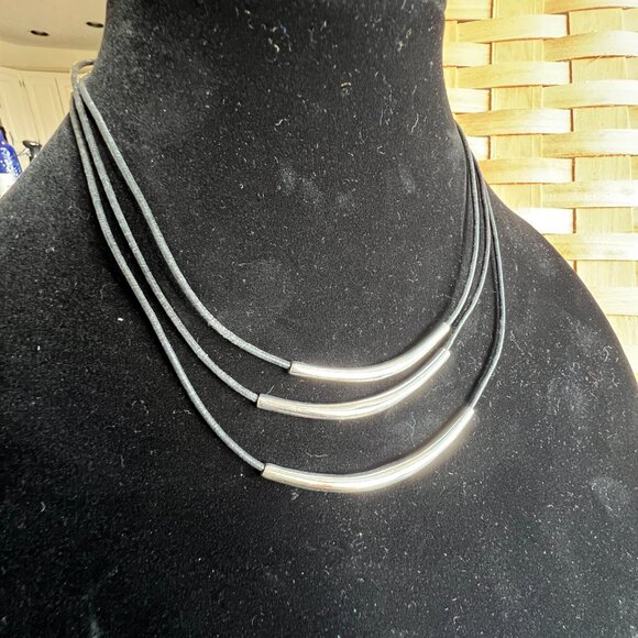 Silpada Black Leather Sterling Silver Tubes Necklace Multi Strand - Picture 4 of 4